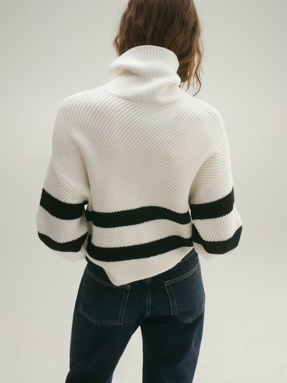 Mango White Quarter Zip Crewneck Sweater with Black Stripes - Picture 3 of 16